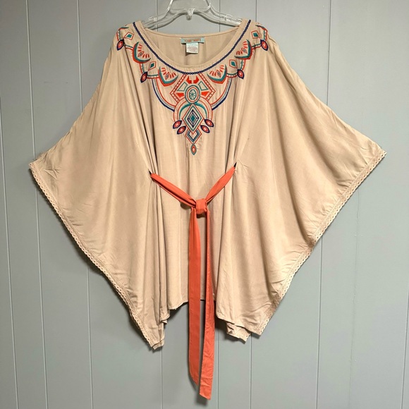 Flying Tomato Dresses & Skirts - FLYING TOMATO Embroidered Tan Khaki Beige Kaftan Tie Waist Dress / Tunic Size S